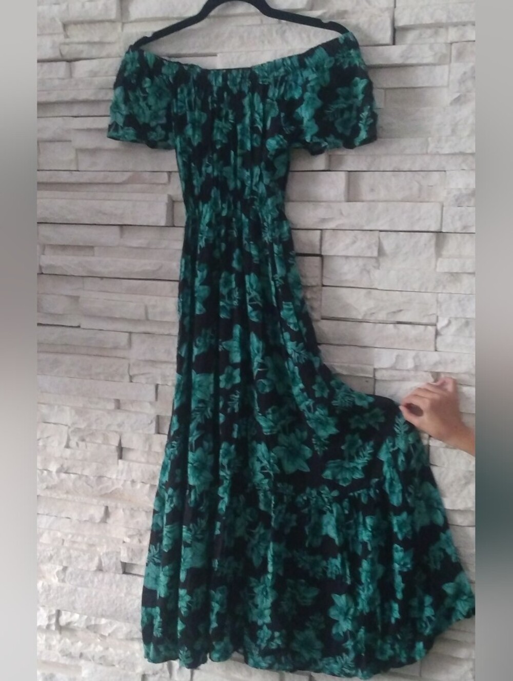 Off-Shoulder Black and Teal Floral Maxi Dress